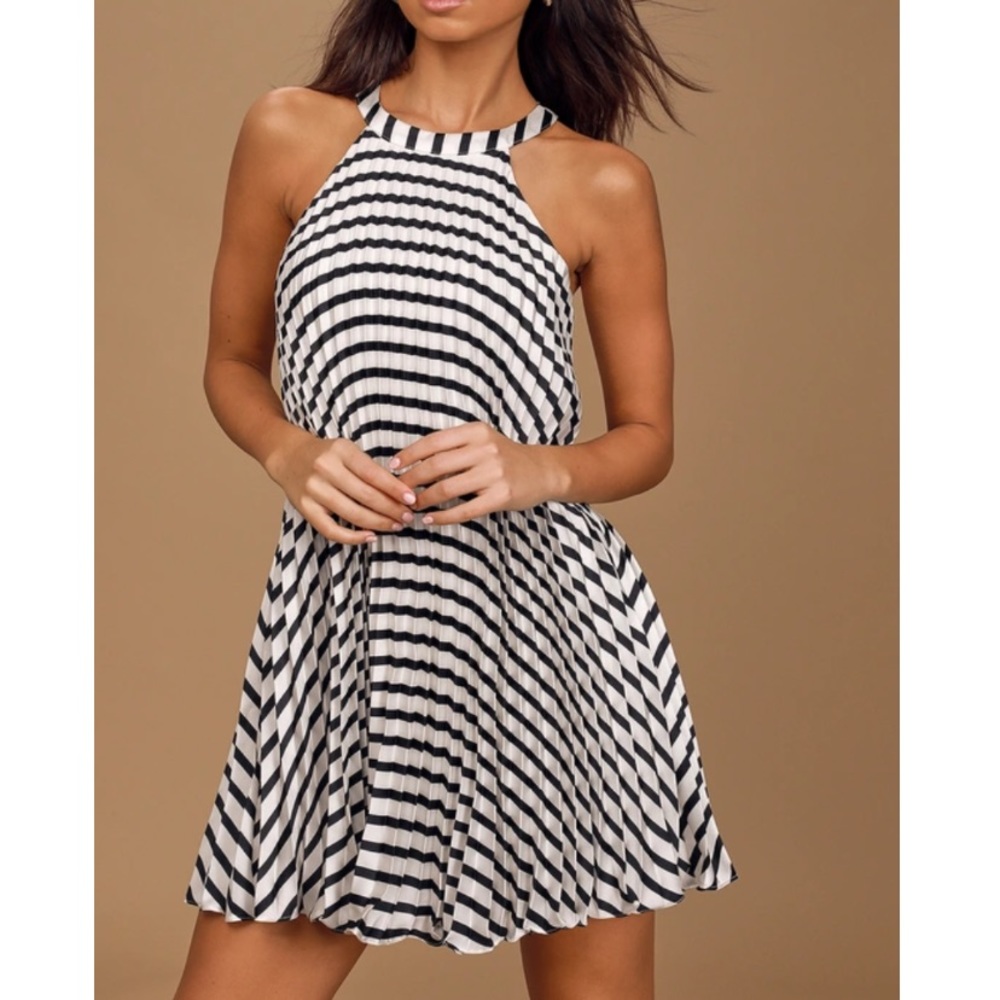LuLu’s “Dance It Out” White Striped Pleated Halter‎ Mini Shift Dress